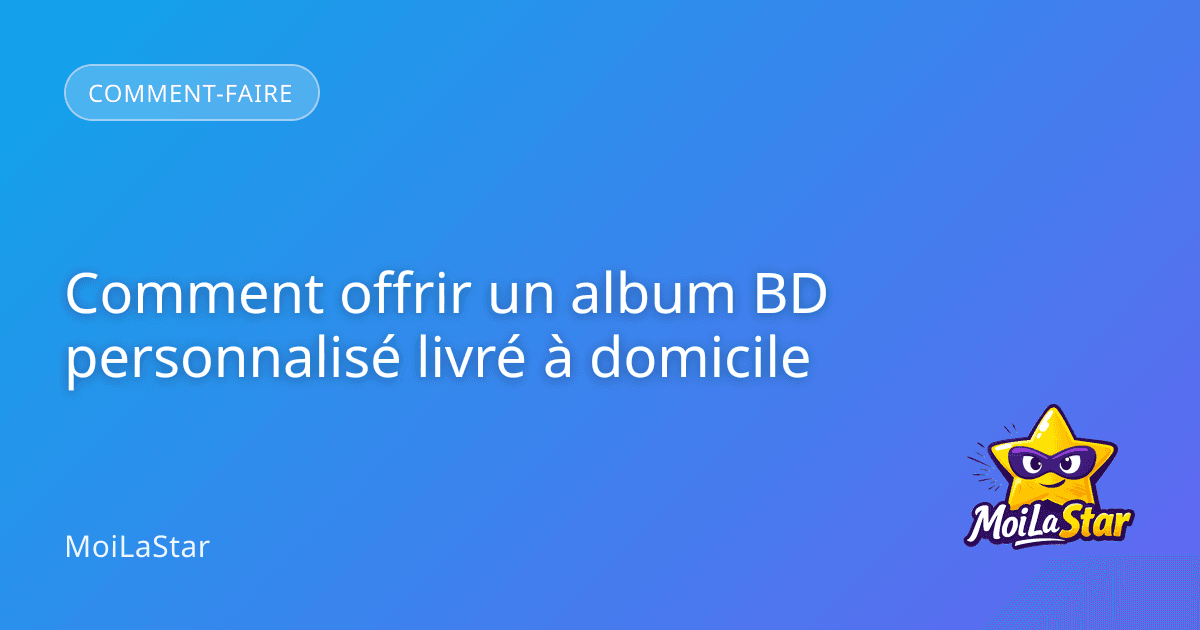 Un enfant souriant découvre une bande dessinée personnalisée où il apparaît en tant que personnage principal, posée sur une table en bois clair.