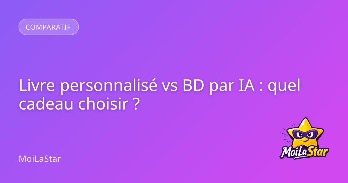Un enfant tenant une bande dessinée personnalisée où il apparaît en héros, avec une illustration colorée et moderne créée par une intelligence artificielle.