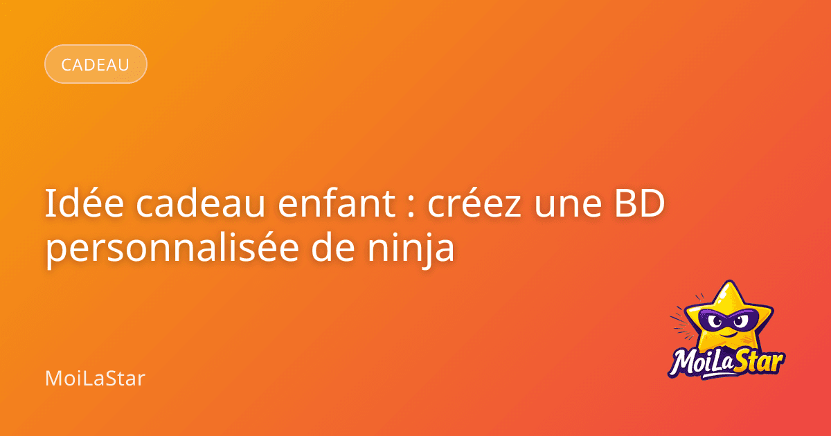 Un enfant souriant déguisé en petit ninja tenant entre ses mains une bande dessinée personnalisée où il apparaît comme le personnage principal.