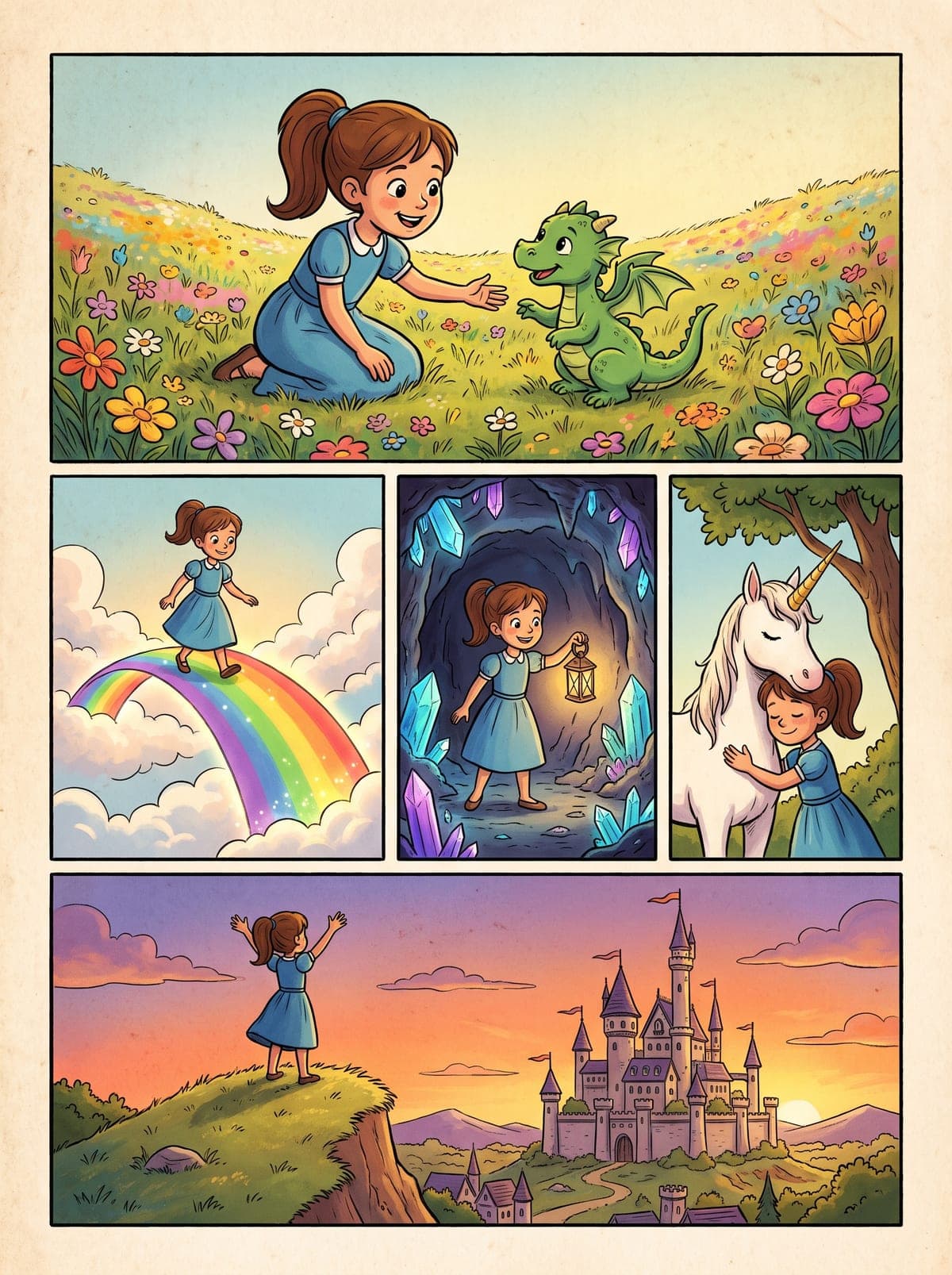Exemple de planche de bande dessinée personnalisée pour fille : héroïne explorant un royaume enchanté