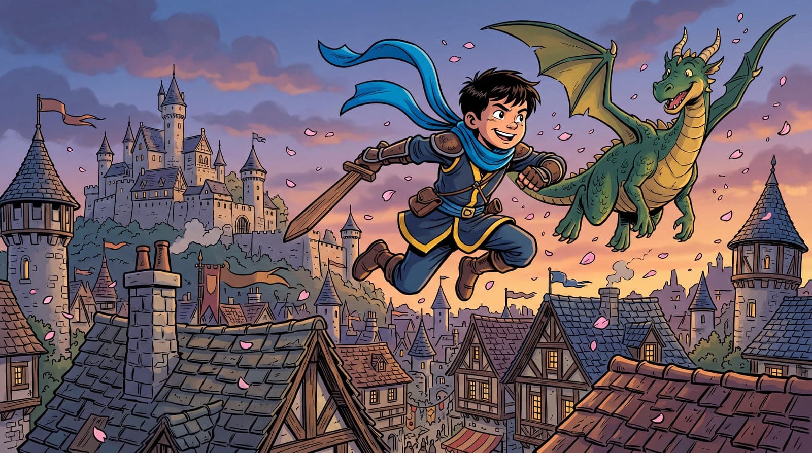 Illustration de bande dessinée personnalisée : un jeune garçon héros ninja bondit sur les toits d'un village fantastique