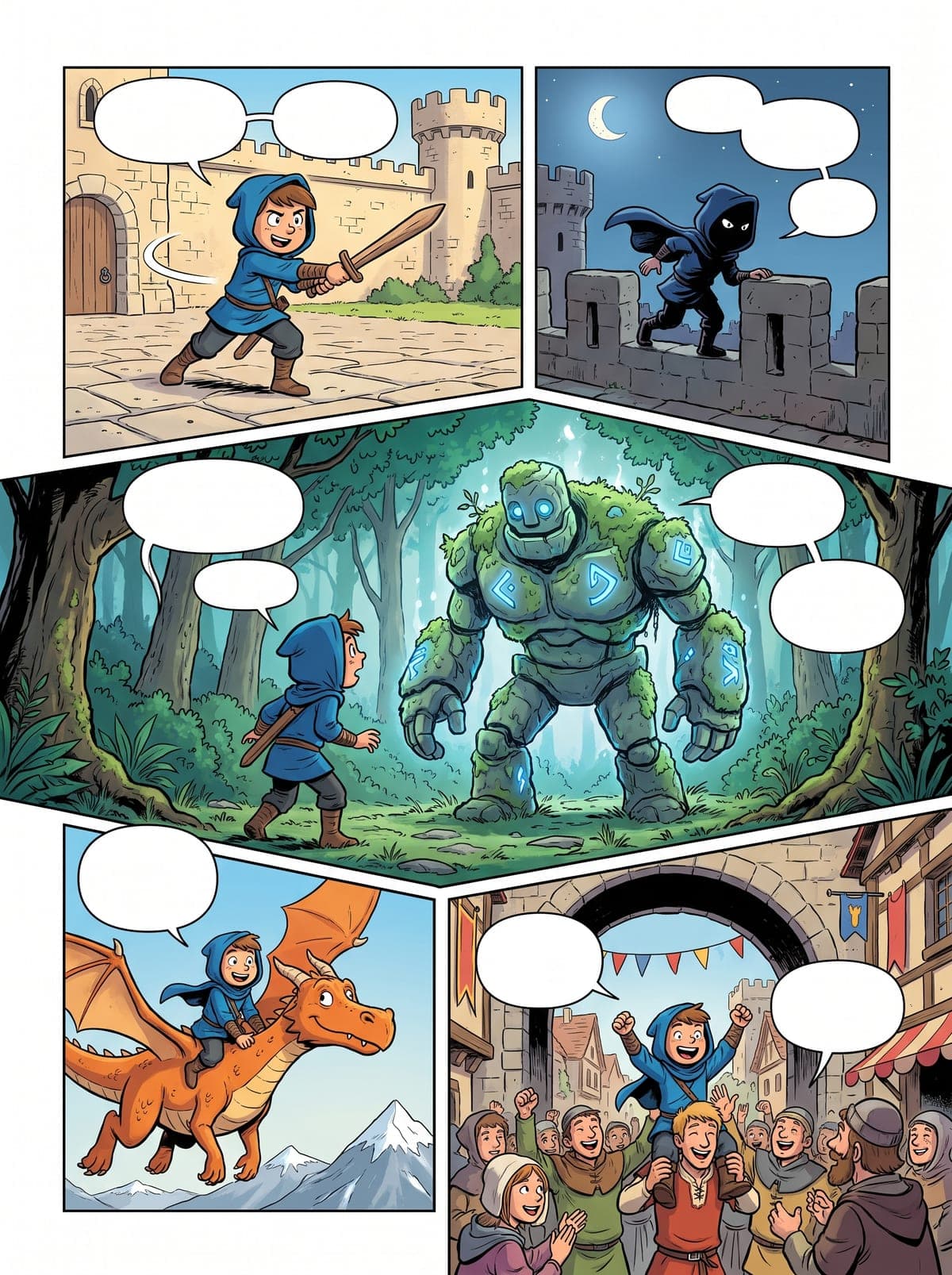 Exemple de planche de bande dessinée personnalisée pour garçon : jeune héros ninja en pleine action