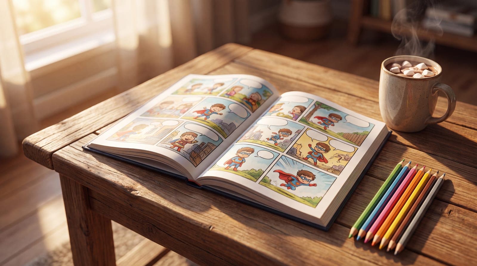 Album de bande dessinée personnalisée imprimé, ouvert sur une table en bois avec ses planches colorées