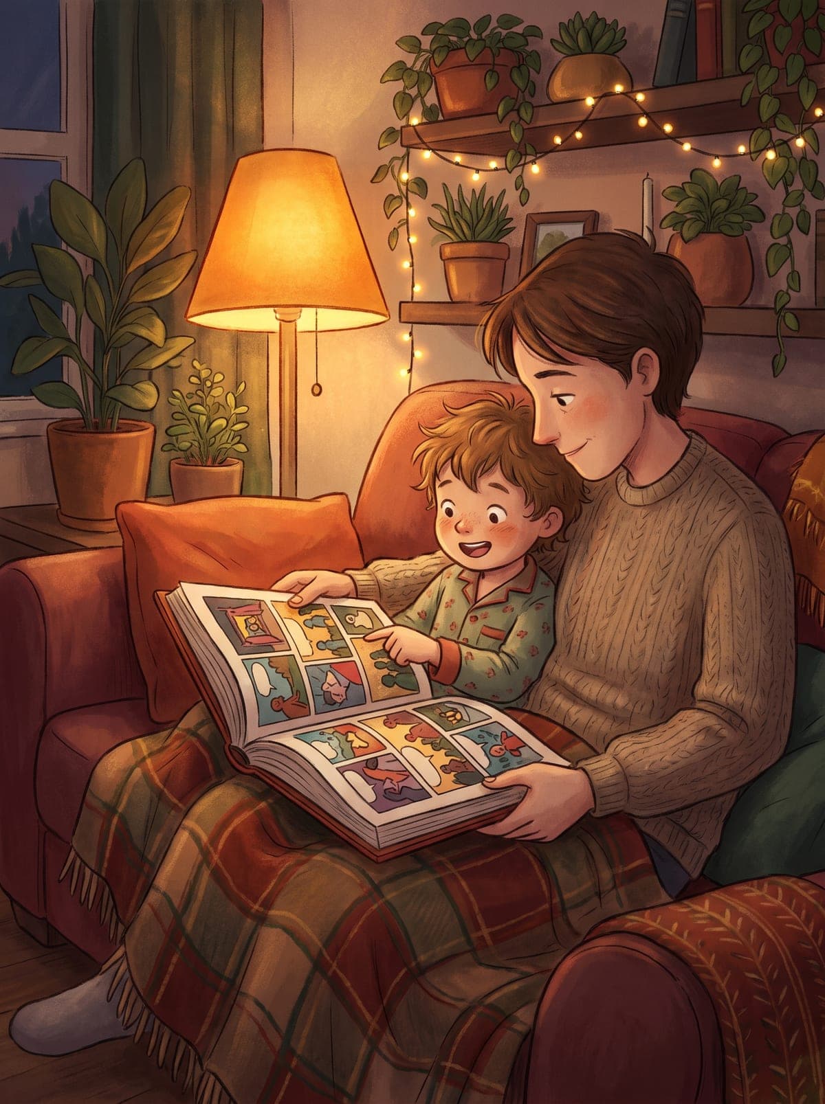 Parent et enfant lisant ensemble leur album de bande dessinée personnalisée sur le canapé